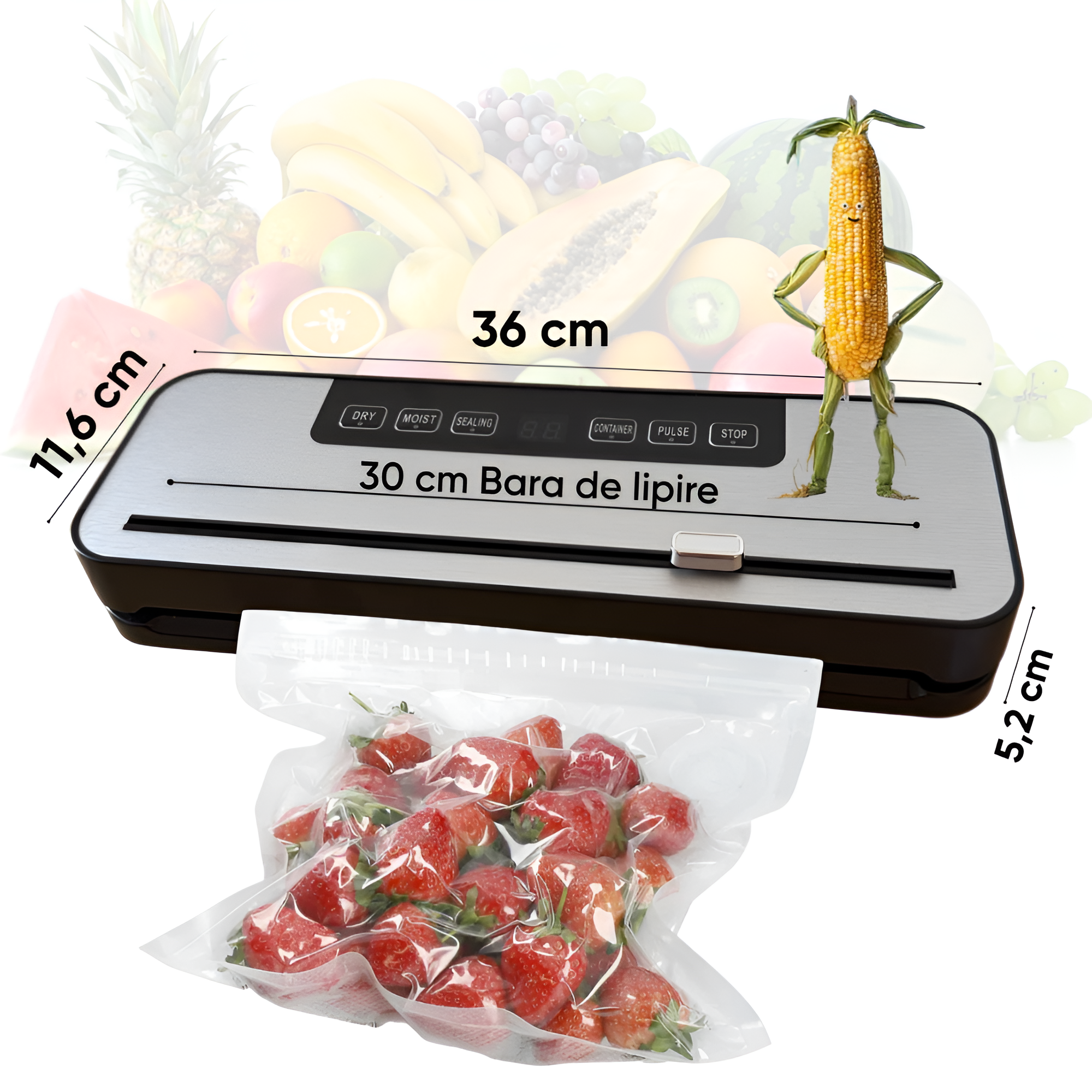 Aparat Profesional de Vidat si Sigilat alimente Koken, Functionare cu o singura atingere, Timp de etansare 10-15 s, bara de lipire 30 cm, Negru/Gri