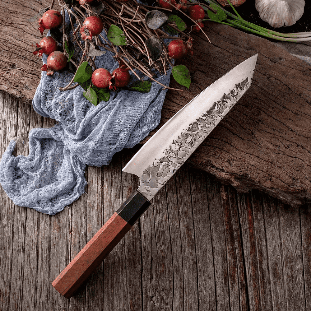 Koken Professional Japanese Chef's Knife, Damascus Steel, for Sushi, Slicing and Manual Cutting, Blade 20 cm, Wood