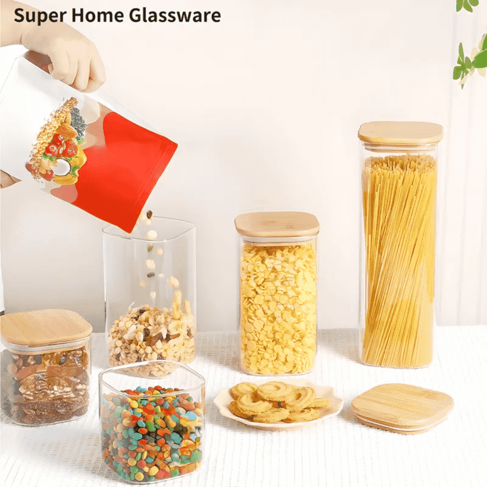 Set of 14 Square Borosilicate Glass Containers with Airtight Bamboo Lids Koken, for Dry Food and Grain Storage