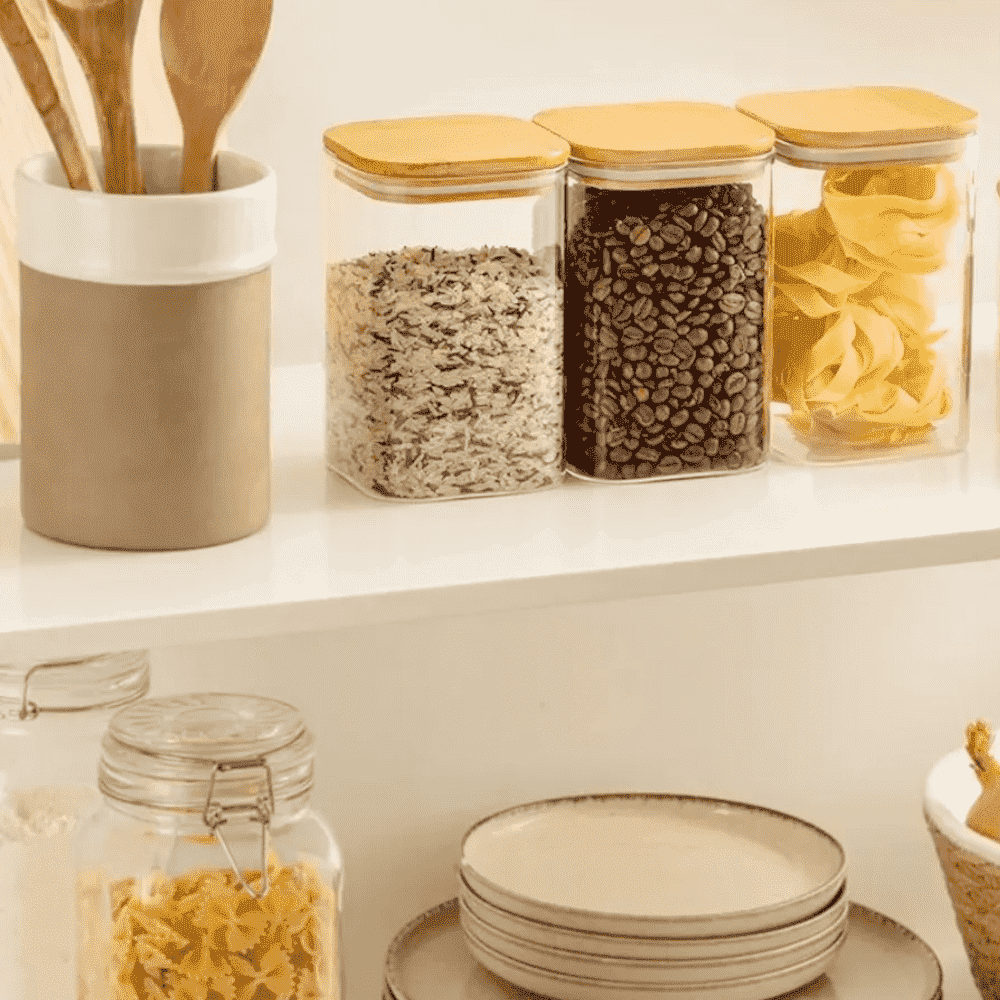 Set of 8/6/5 Square Borosilicate Glass Containers with Airtight Bamboo Lids Koken, for Dry Food and Grain Storage,