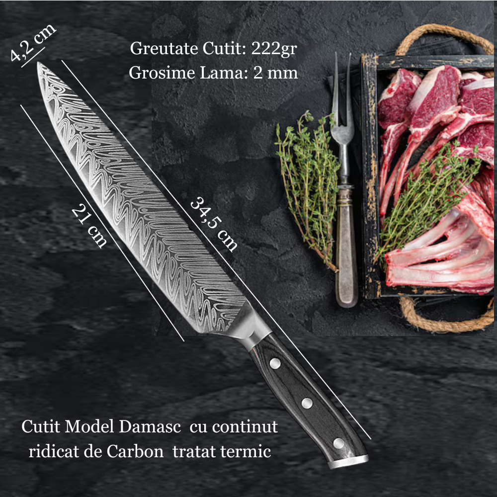 Cutitul bucatarului profesional - Full Tang, Lama Ascutita din Otel inoxidabil 21 cm, model Damasc Koken, Duritatea ridicata 57±HRC, Taiere precisa pentru carne, legume si fructe, Rezistent la coroziune, Maner ergonomic lemn, 34, 5 cm