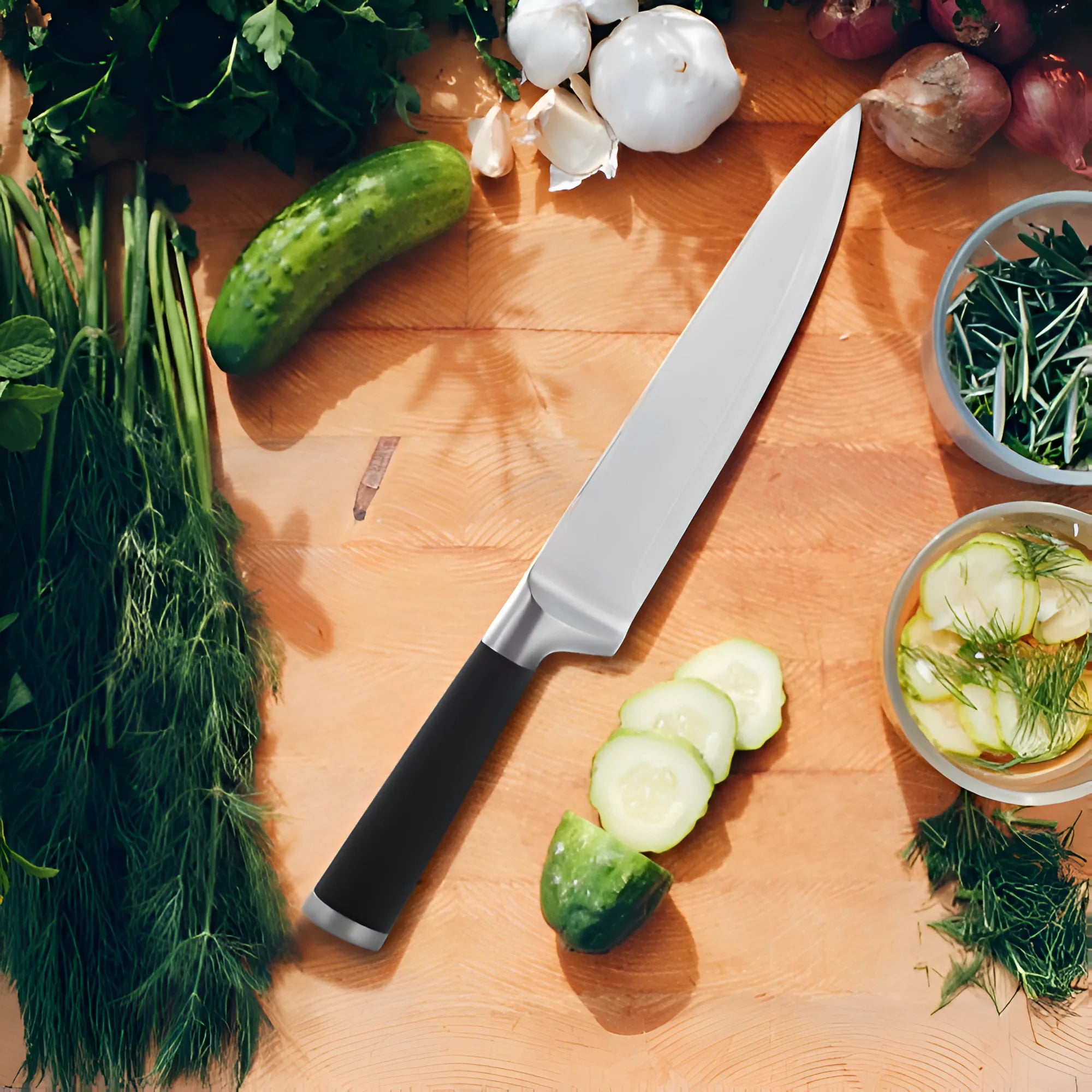 Cutitul Bucatarului profesional,Koken, lama din otel inoxidabil 20 cm, 56±HRC, cutit de bucatarie Full Tang, taiere precisa si rezistenta indelungata, maner antiderapant Soft-Touch