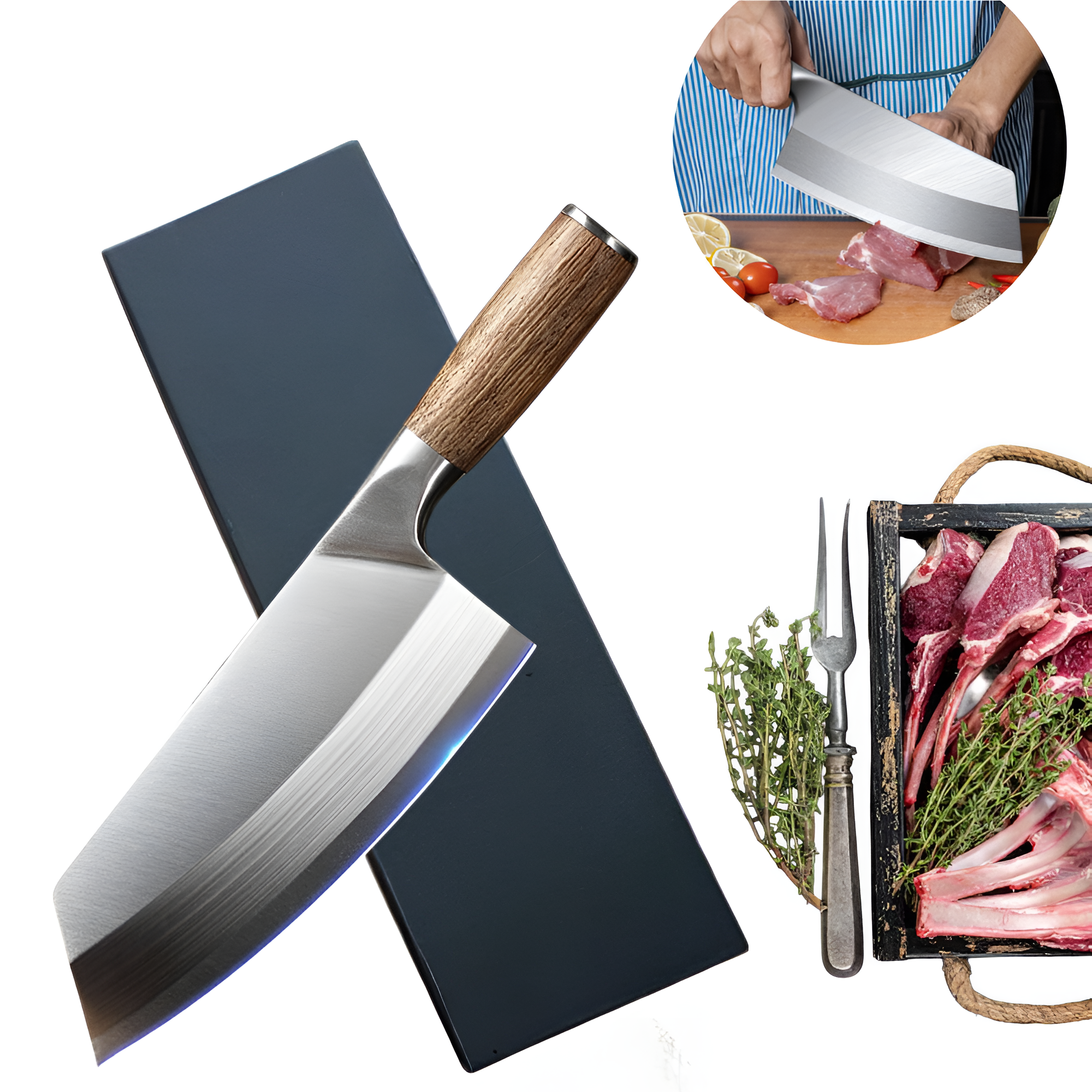 Professional Koken Chopping Knife, Japanese universal Stainless Steel, 20 cm blade, Wooden Handle
