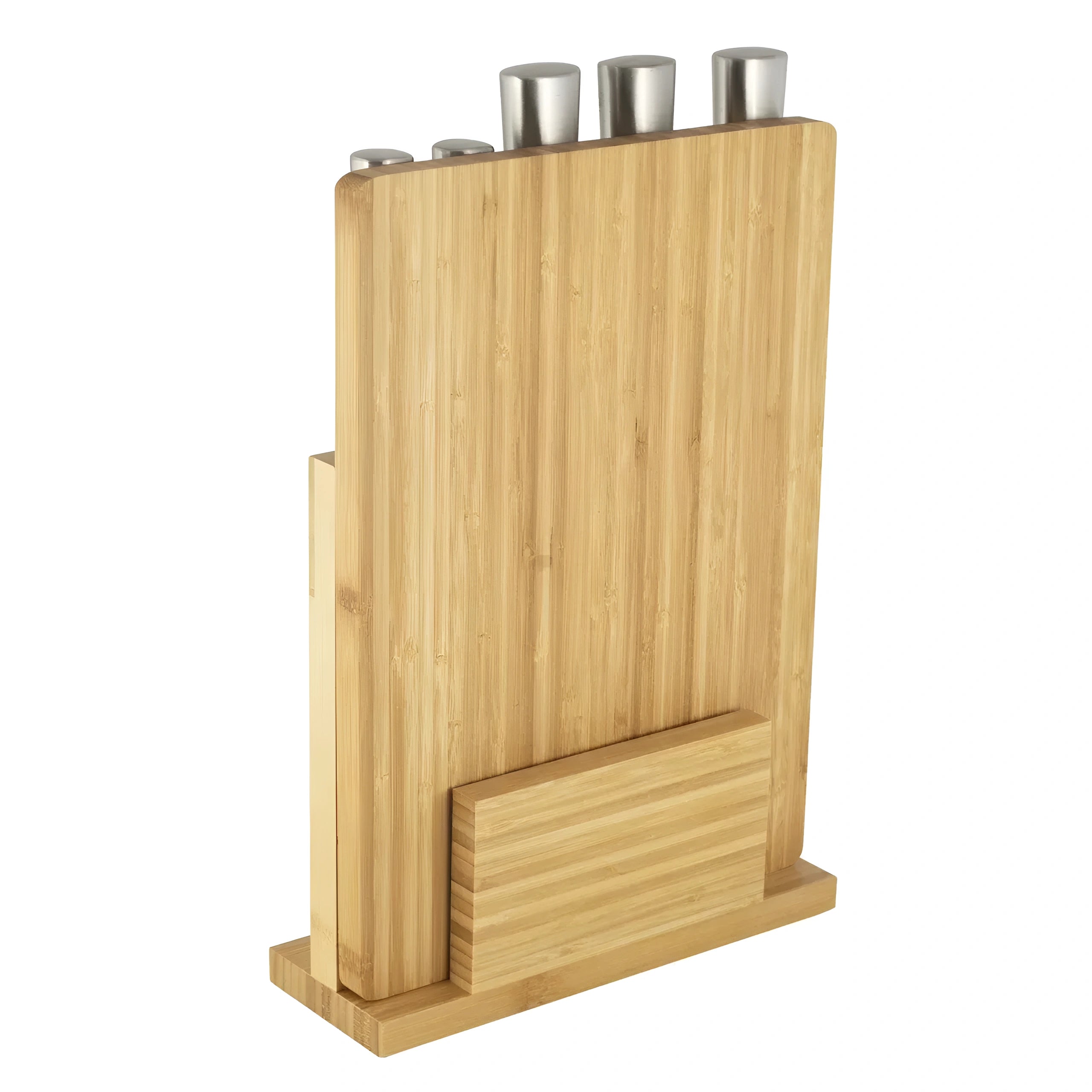 Set universal 5 cutite otel inoxidabil pentru bucatarie Koken cu suport si tocator din bambus, ultra-ascutite, 7 piese