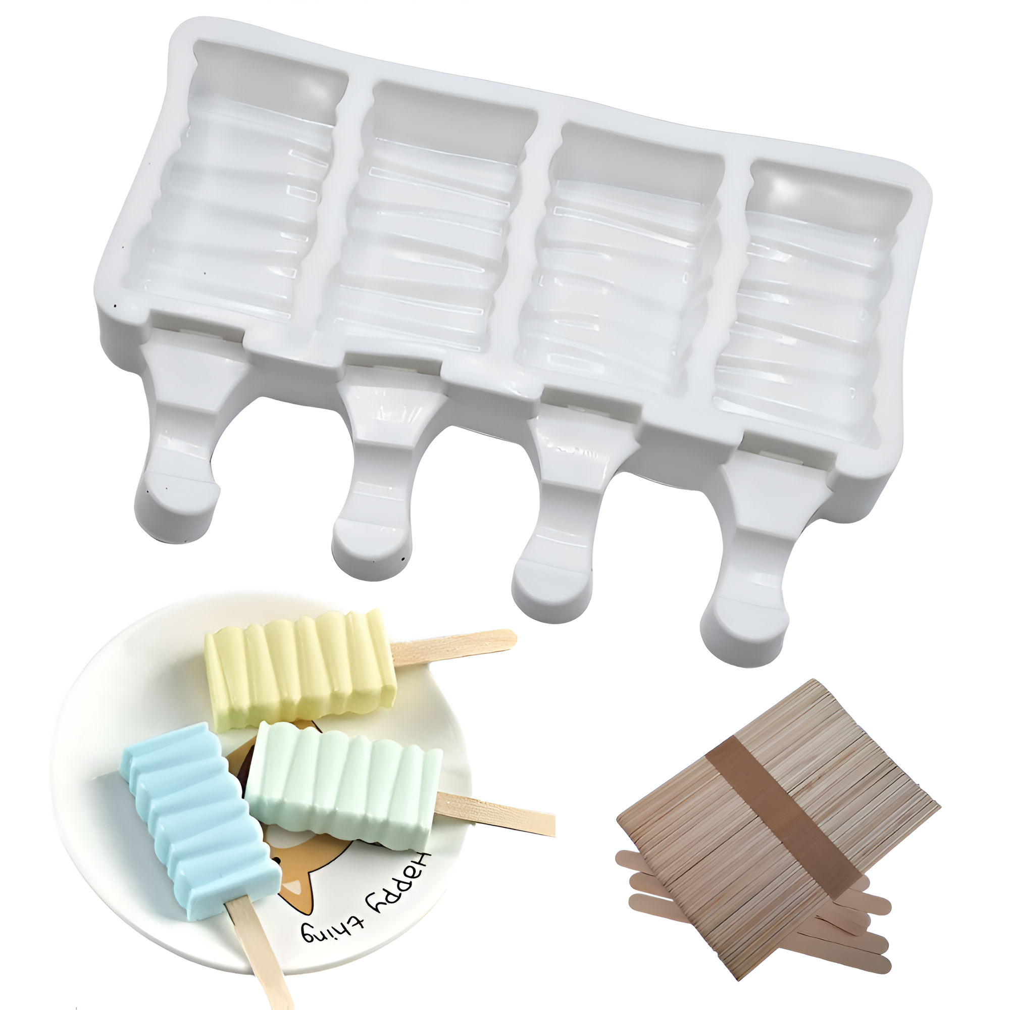 Set Forme din Silicon pentru Inghetata pe Bat Koken, 4 compartimente, 50 betisoare incluse, 13 x 19 cm, Albe