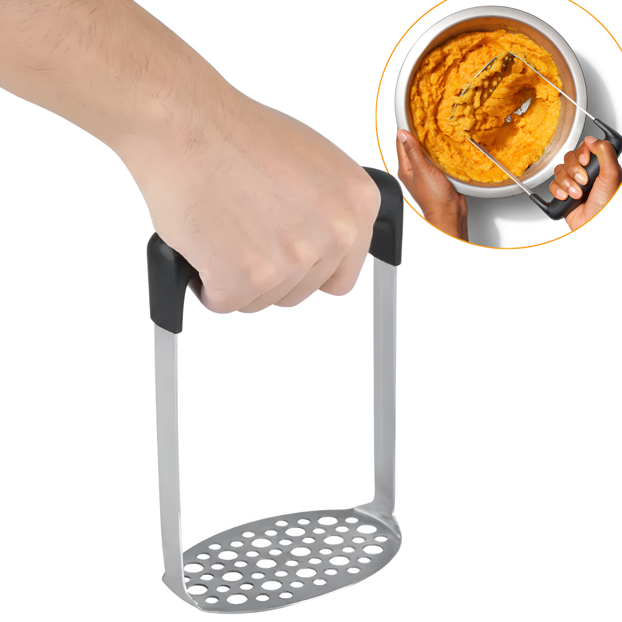 Zdrobitor pentru cartofi Koken, din oțel inoxidabil, Presa cu mâner ergonomic anti-alunecare, pasator manual pentru legume, 16,8 x 11,2 x 7,2 cm, Negru/Argintiu