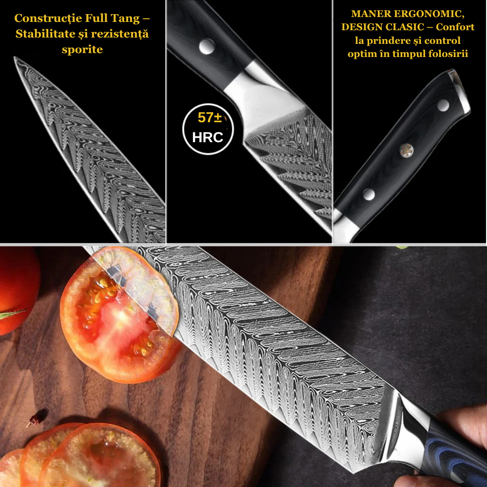 Cutitul bucatarului profesional - Full Tang, Lama Ascutita din Otel inoxidabil 21 cm, model Damasc Koken, Duritatea ridicata 57±HRC, Taiere precisa pentru carne, legume si fructe, Rezistent la coroziune, Maner ergonomic lemn, 34, 5 cm