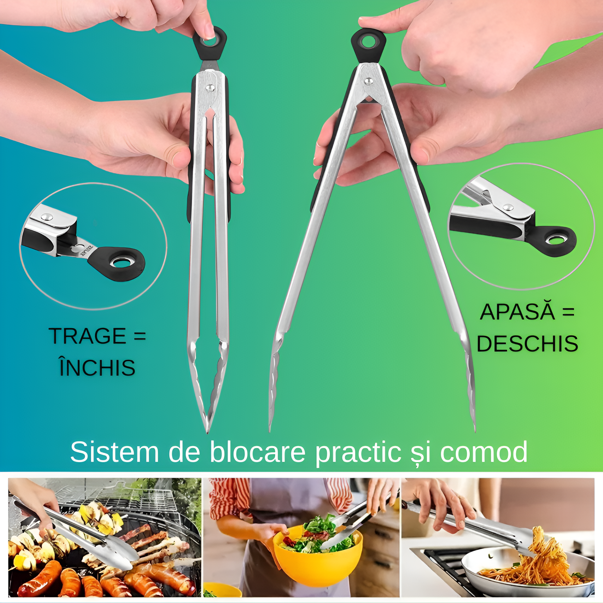 Cleste profesional pentru gratar si bucatarie Koken, Otel inoxidabil/Silicon, Maner Antialunecare, Blocare Practica, gătește și servește cu ușurință, 34,5 x 3,8 cm, Negru/Argintiu