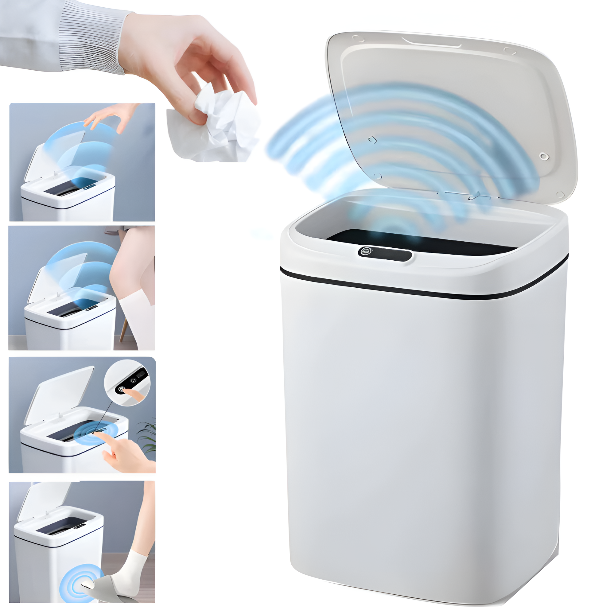 Automatic sensor trash can 16 L Koken, Kitchen, bathroom or office, 2x AA batteries (not included), with anti-odor lid, White