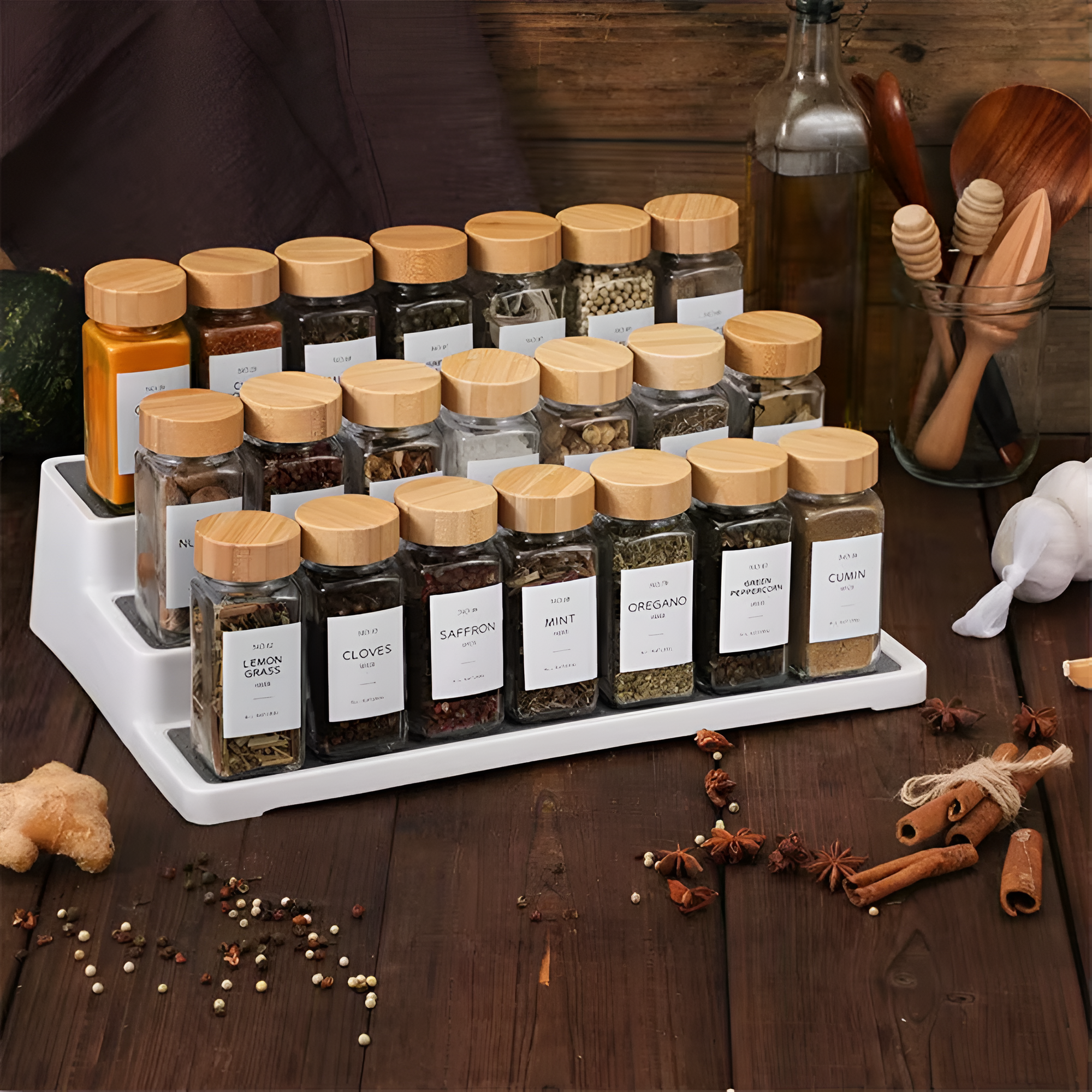 Set recipiente condimente 24 sticlute cu capace de dozaj de 120 ml, perie, palnie, etichete si marker, capac etans din bambus, Transparent