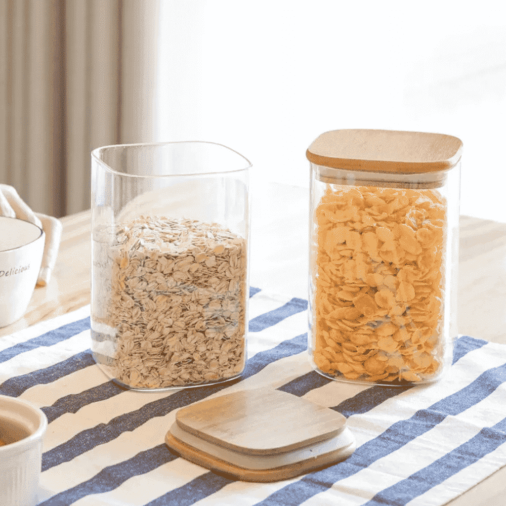 Set of 20 Square Borosilicate Glass Containers with Airtight Bamboo Lids Koken, for Dry Food and Grain Storage,