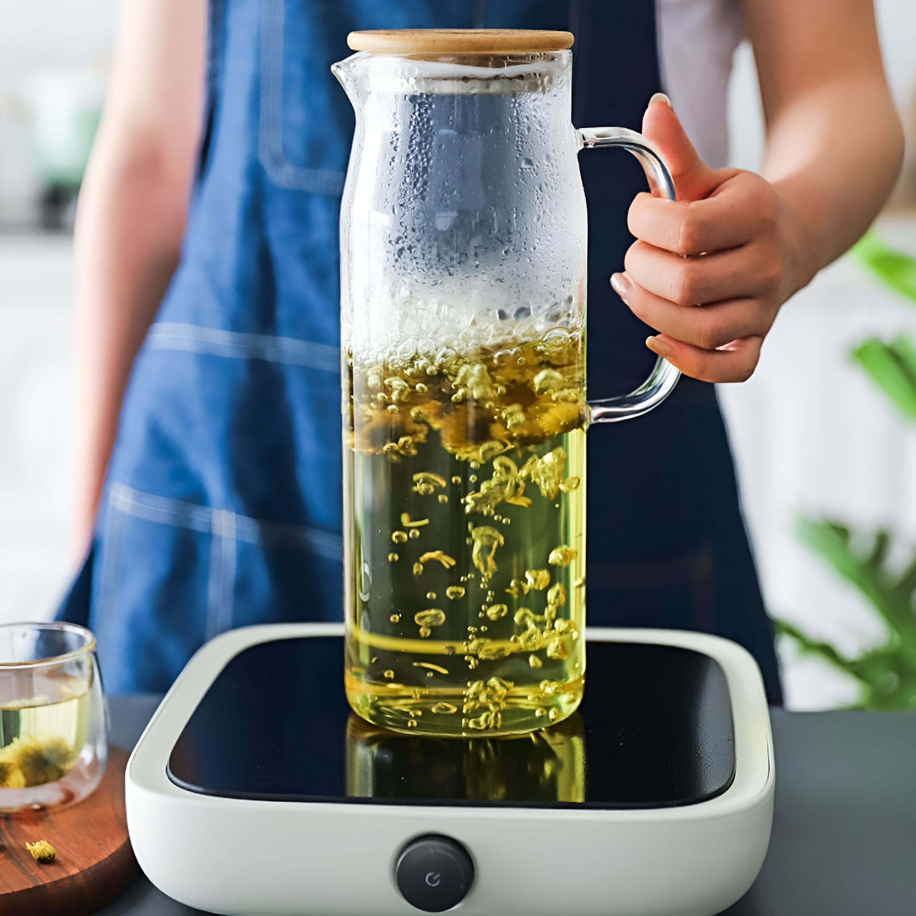 Koken Borosilicate Glass Water Carafe, Container with Bamboo and Stainless Steel Lid, Jug 26 x 8.5 cm, 1500ml, Transparent/Wood