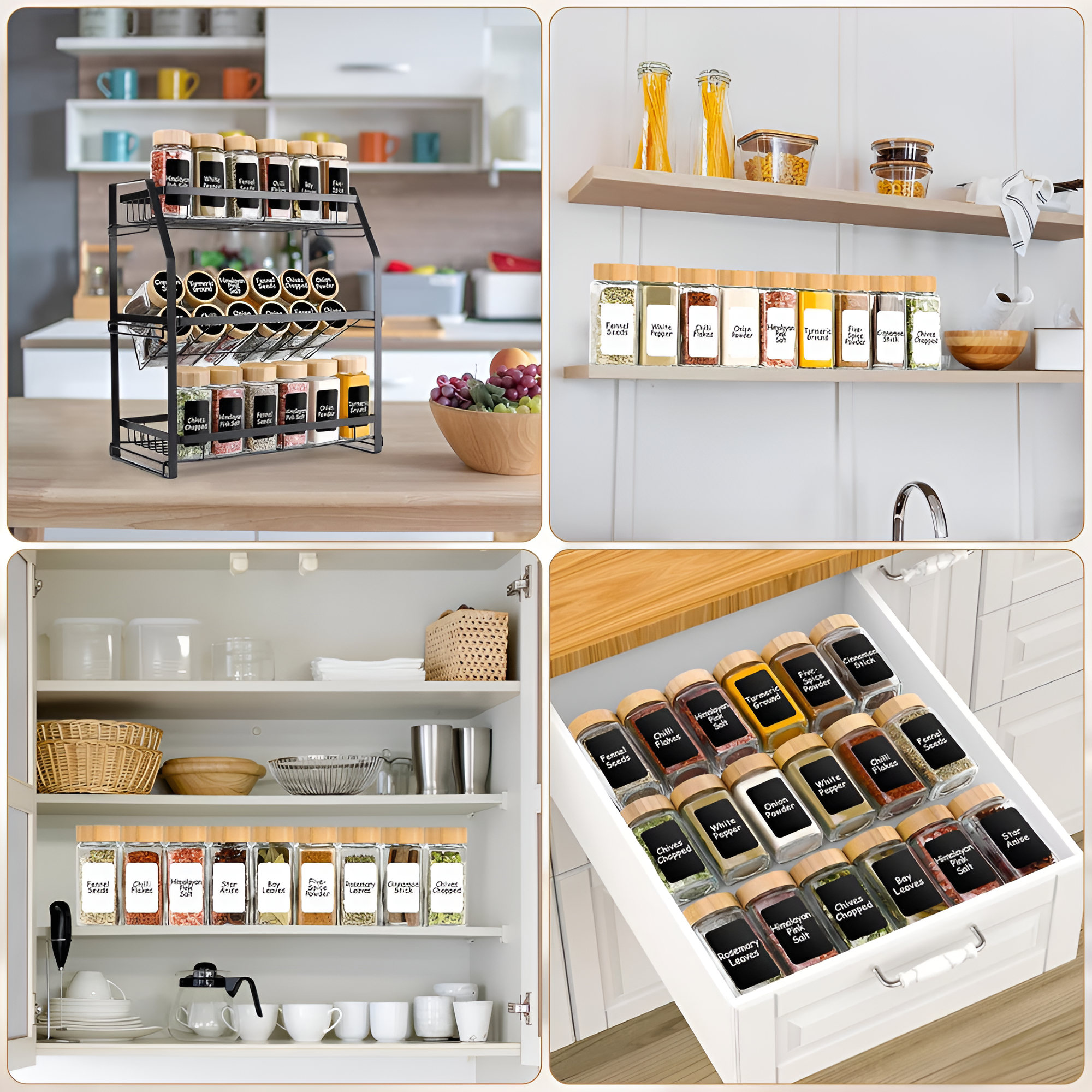 Set recipiente pentru condimente Koken depozitare condimente, organizator condimente din 24 sticlute cu capace de dozaj de 120 ml, borcane condimente, perie, palnie, etichete si marker, capac etans din bambus, Transparent