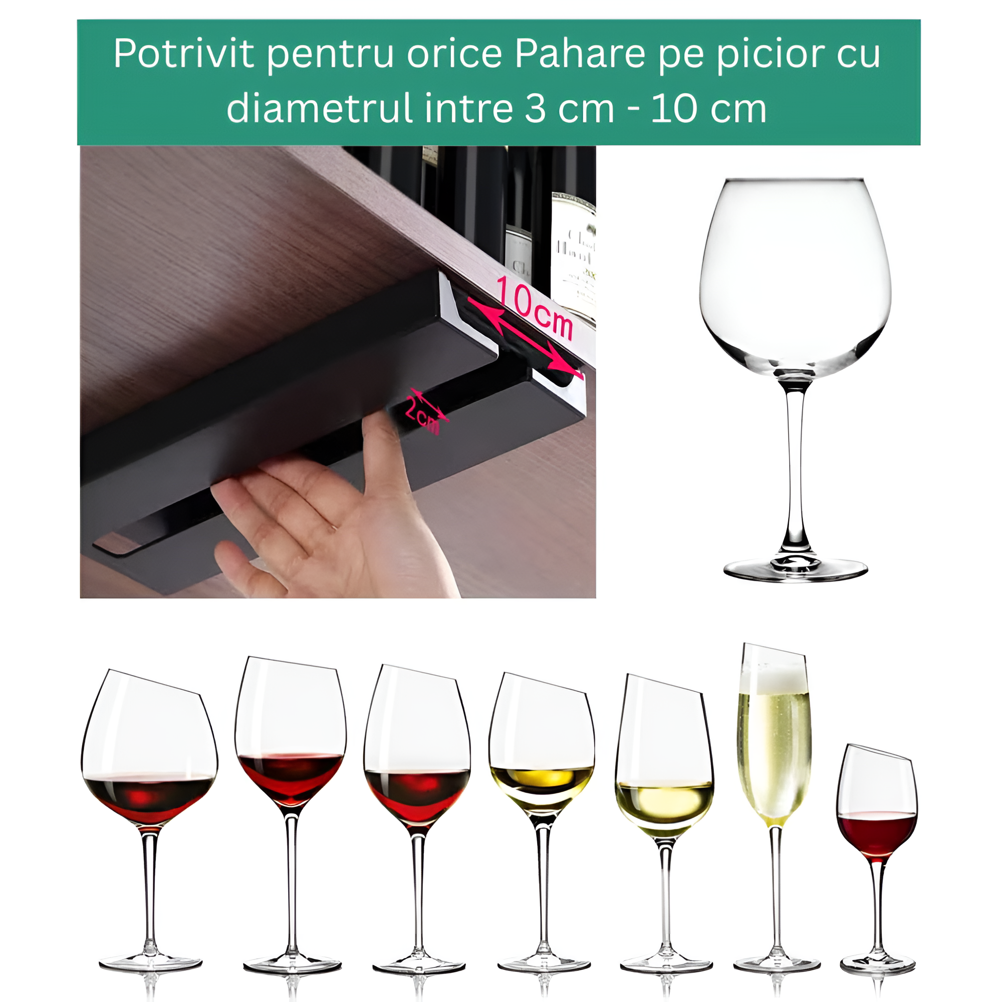 Suport suspendat pentru pahare cu picior Koken, potrivit pentru diverse tipuri de pahare, 2 x 11x 25 cm, Plastic/Negru