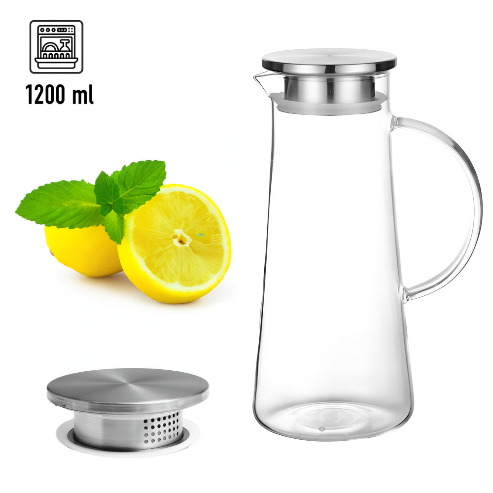 Carafa din sticla borosilicata 1,2 L Koken, Calitate Premium, capac din inox, pentru apa, sucuri, limonada, termorezistenta de la -20°C pana la +150°C, Transparenta