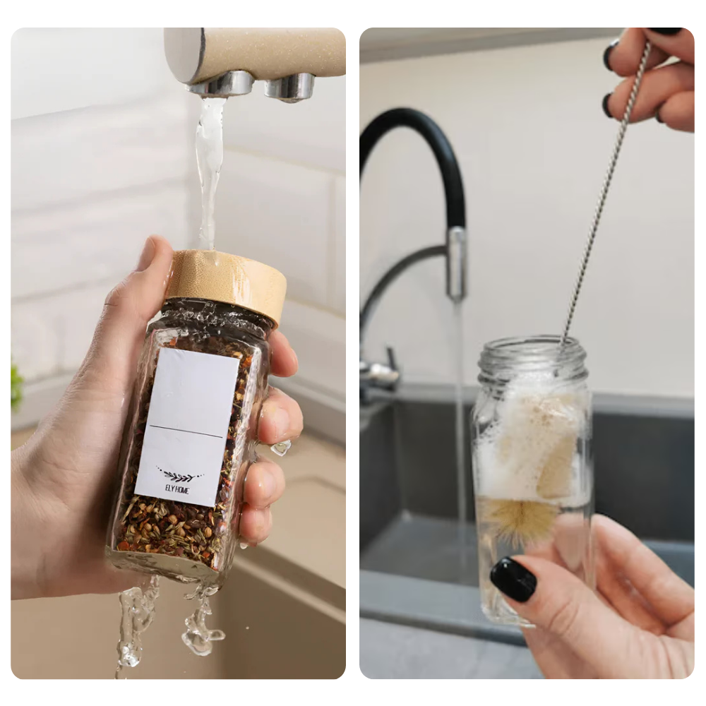 Set recipiente pentru condimente Koken depozitare condimente, organizator condimente din 24 sticlute cu capace de dozaj de 120 ml, borcane condimente, perie, palnie, etichete si marker, capac etans din bambus, Transparent