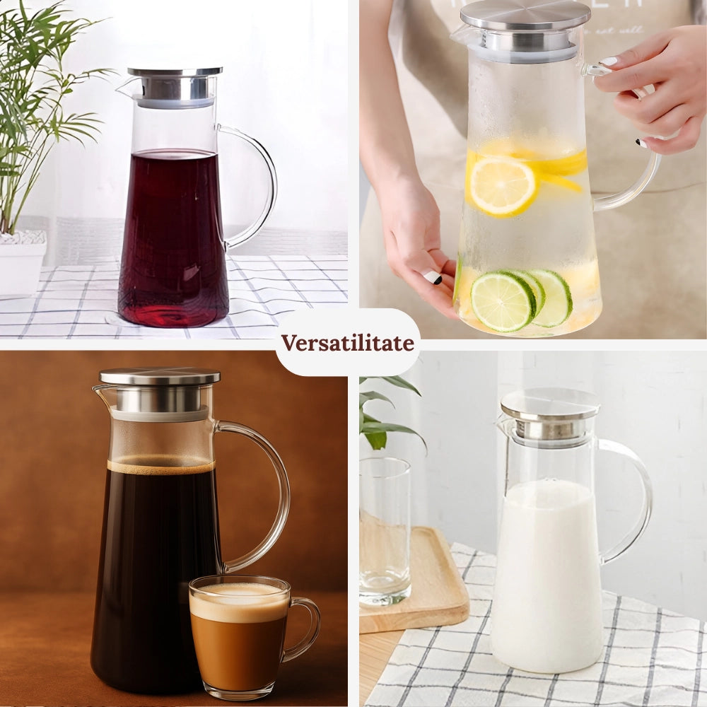 Carafa din sticla borosilicata 1,2 L Koken, Calitate Premium, capac din inox, pentru apa, sucuri, limonada, termorezistenta de la -20°C pana la +150°C, Transparenta