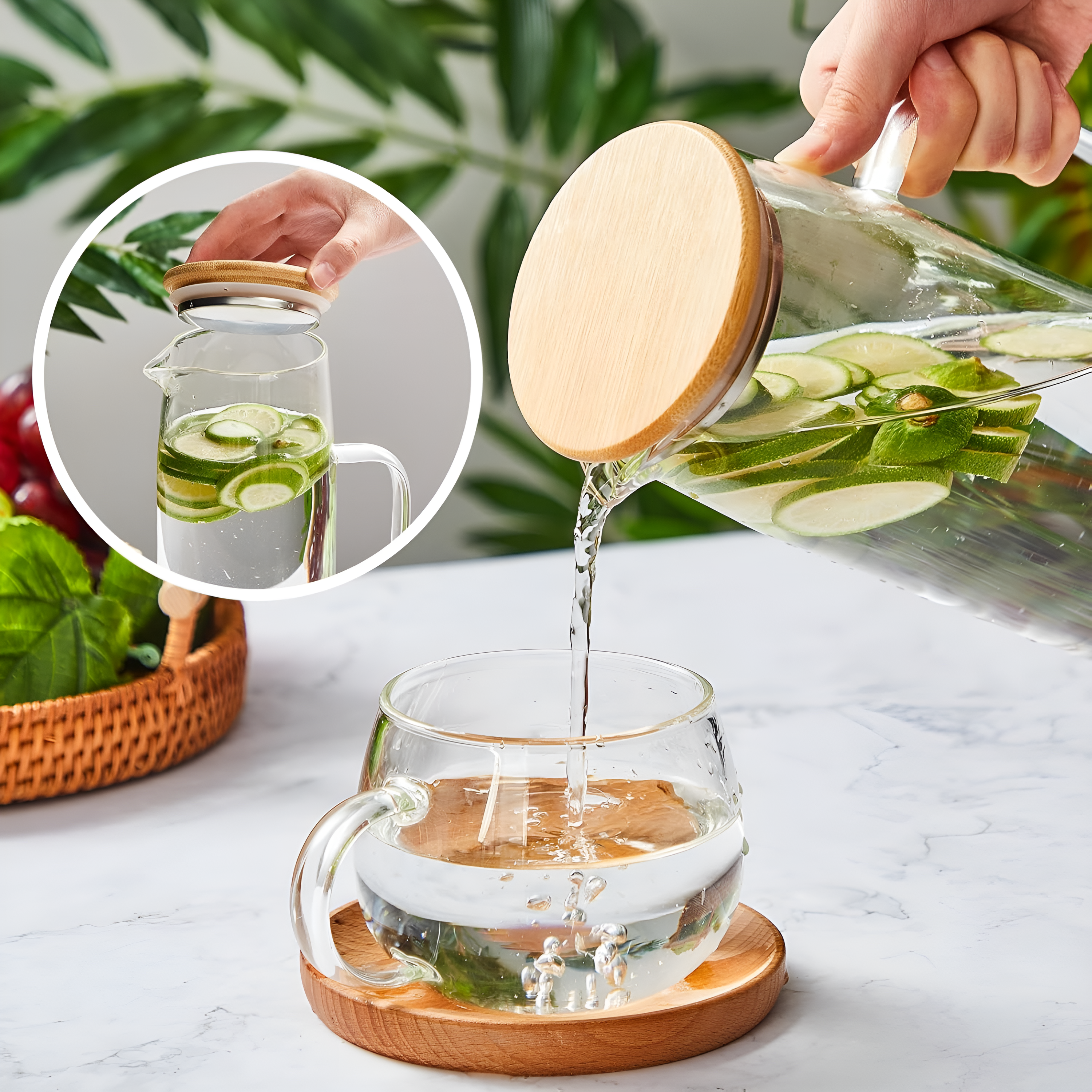 Koken Borosilicate Glass Water Carafe, Container with Bamboo and Stainless Steel Lid, Jug 26 x 8.5 cm, 1500ml, Transparent/Wood