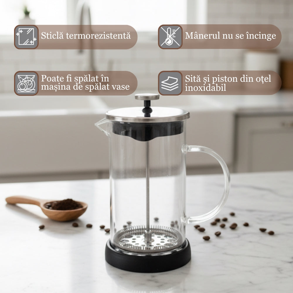 Cafetiera Cu Piston Pentru Cafea Si Ceai Koken, Presa franceza cu infuzor 1000 ML, sticlă borosilicată termorezistentă și oțel inoxidabil 304, -20 ℃ +130 ℃, Infuzor pentru ceai cu 3 Filtre, Fara BPA