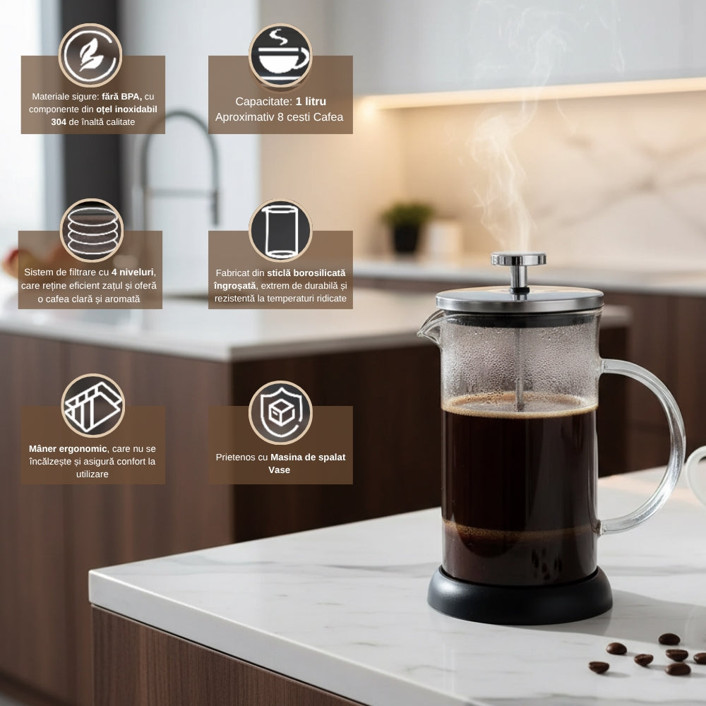 Cafetiera Cu Piston Pentru Cafea Si Ceai Koken, Presa franceza cu infuzor 1000 ML, sticlă borosilicată termorezistentă și oțel inoxidabil 304, -20 ℃ +130 ℃, Infuzor pentru ceai cu 3 Filtre, Fara BPA