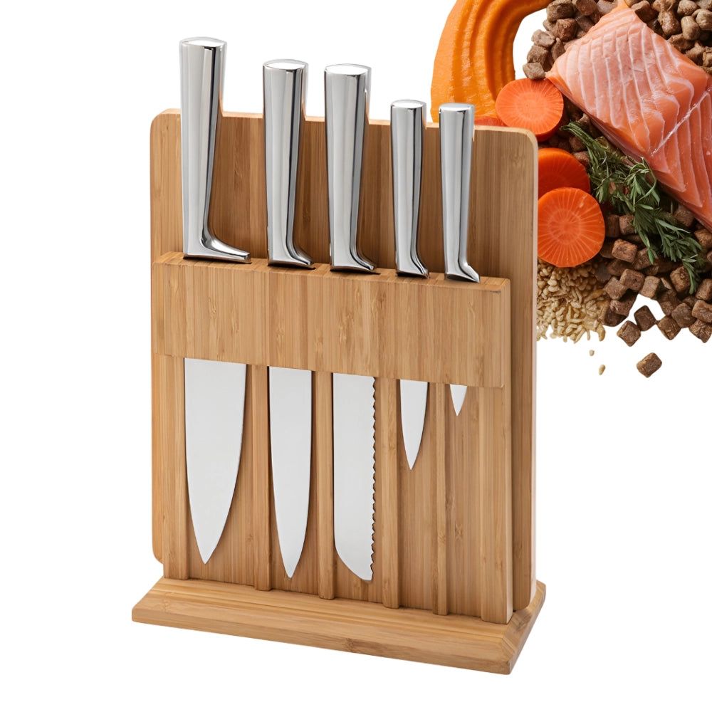 Set universal 5 cutite otel inoxidabil pentru bucatarie Koken cu suport si tocator din bambus, ultra-ascutite, 7 piese