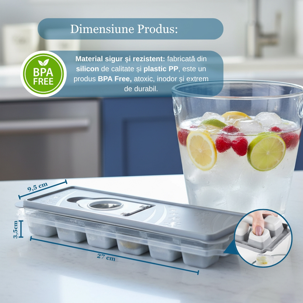 Forma Pentru Cuburi De Gheata Koken, Matrita din Plastic PP, Silicon alimentar, 12 cuburi, Capac cu deschidere suplimentara pentru apa, BPA Free, Gri, 9.5 x 27 x 3.5,