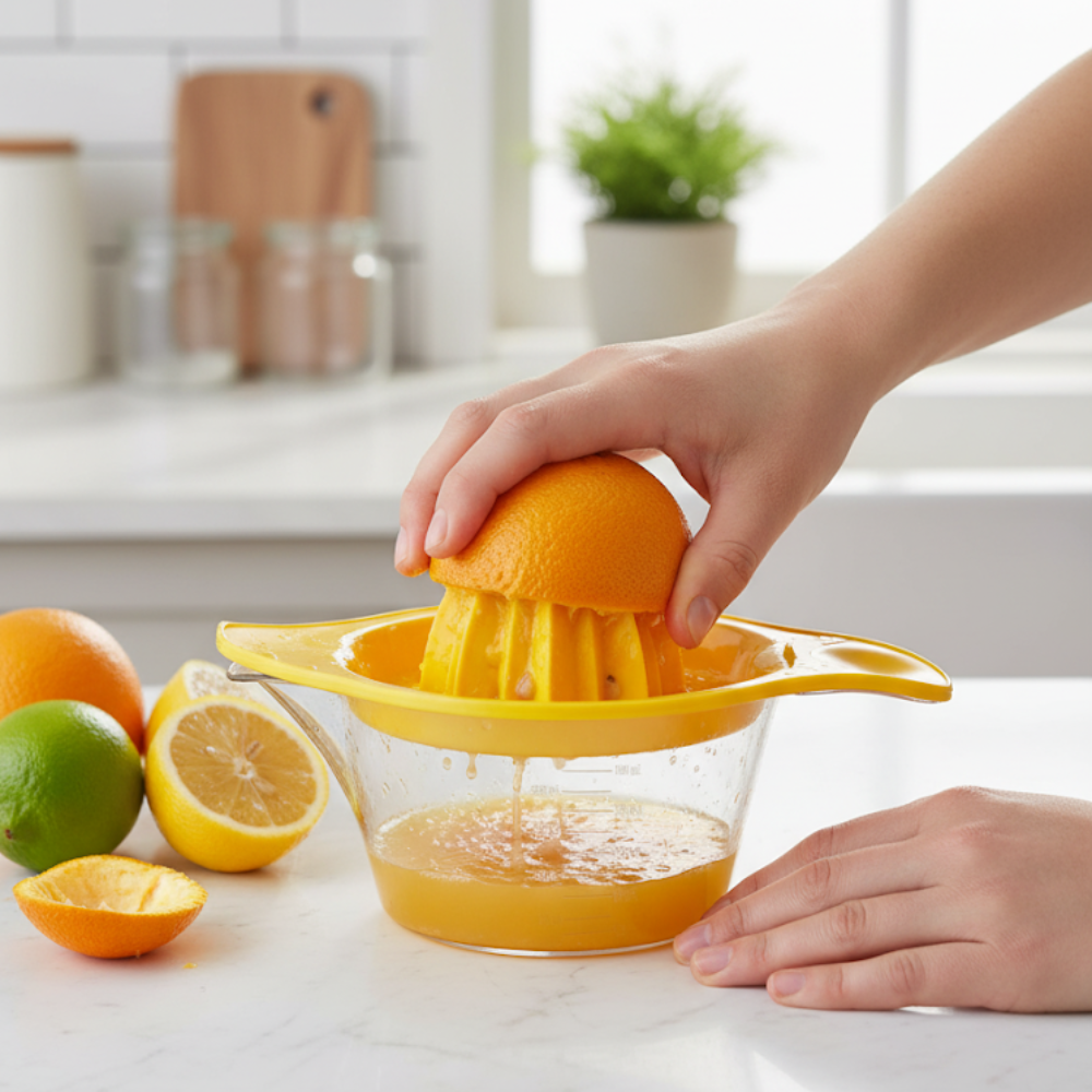Storcator manual de citrice Koken, Plastic PP, BPA Free, Presa robusta de citrice pentru sucuri, Cu Vas Colector si Sita, Galben
