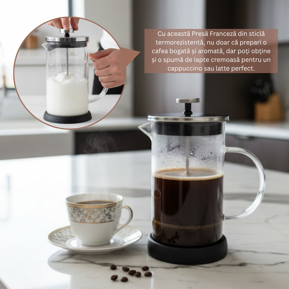 Cafetiera Cu Piston Pentru Cafea Si Ceai Koken, Presa franceza cu infuzor 1000 ML, sticlă borosilicată termorezistentă și oțel inoxidabil 304, -20 ℃ +130 ℃, Infuzor pentru ceai cu 3 Filtre, Fara BPA