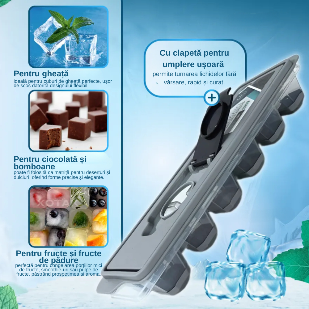 Forma Pentru Cuburi De Gheata Koken, Matrita din Plastic PP, Silicon alimentar, 12 cuburi, Capac cu deschidere suplimentara pentru apa, BPA Free, Gri, 9.5 x 27 x 3.5,