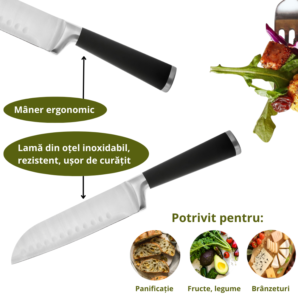Cutit japonez de bucatarie model Santoku, Koken, otel inoxidabil, maner soft-touch, versatil in utilizare, 20 cm