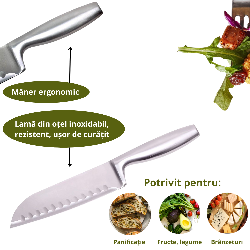 Cutit japonez de bucatarie model Santoku, otel inoxidabil, maner soft-touch, versatil in utilizare, 20 cm, Argintiu