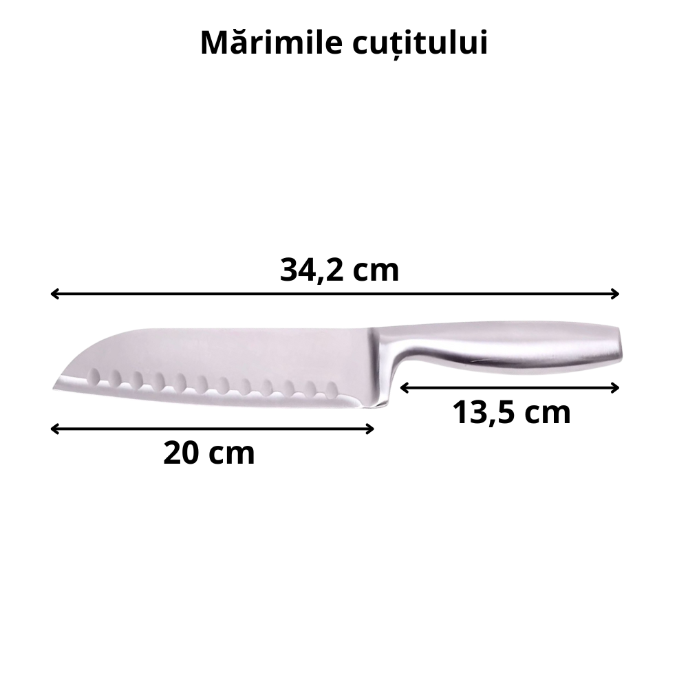 Cutit japonez de bucatarie model Santoku, otel inoxidabil, maner soft-touch, versatil in utilizare, 20 cm, Argintiu