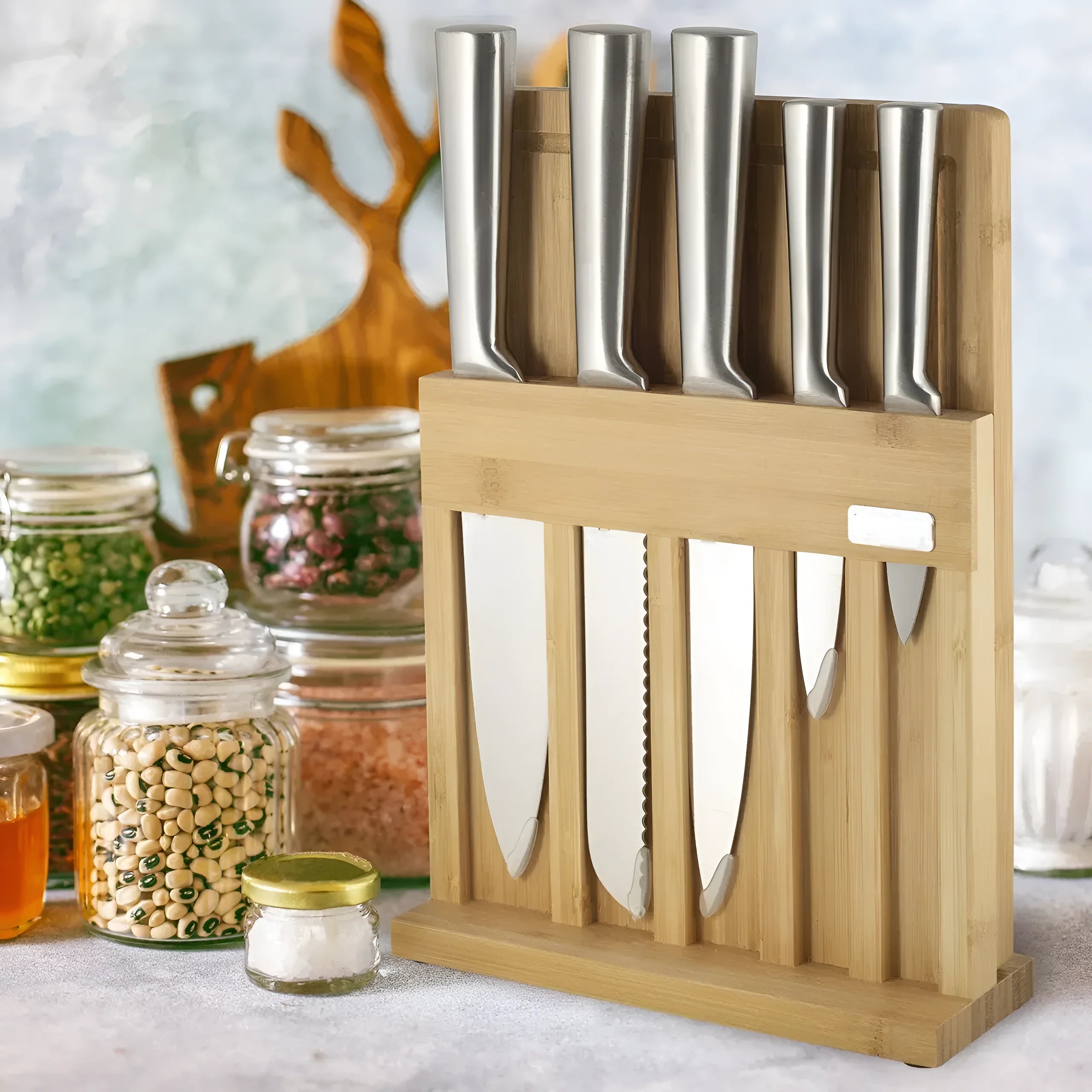 Set universal 5 cutite otel inoxidabil pentru bucatarie Koken cu suport si tocator din bambus, ultra-ascutite, 7 piese