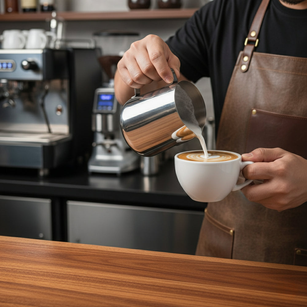 Un barista profesionist purtând șorț din piele toarnă lapte spumat din cana de inox pentru a executa Latte Art într-o ceașcă albă.