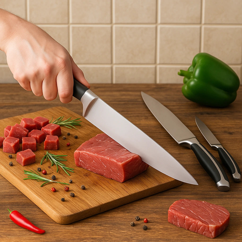 Set 3 cutite pentru bucatarie Koken, otel inoxidabil, feliere si taiere manuala, lama ultra-ascutita, 56-58 HRC, rezistent la coroziune