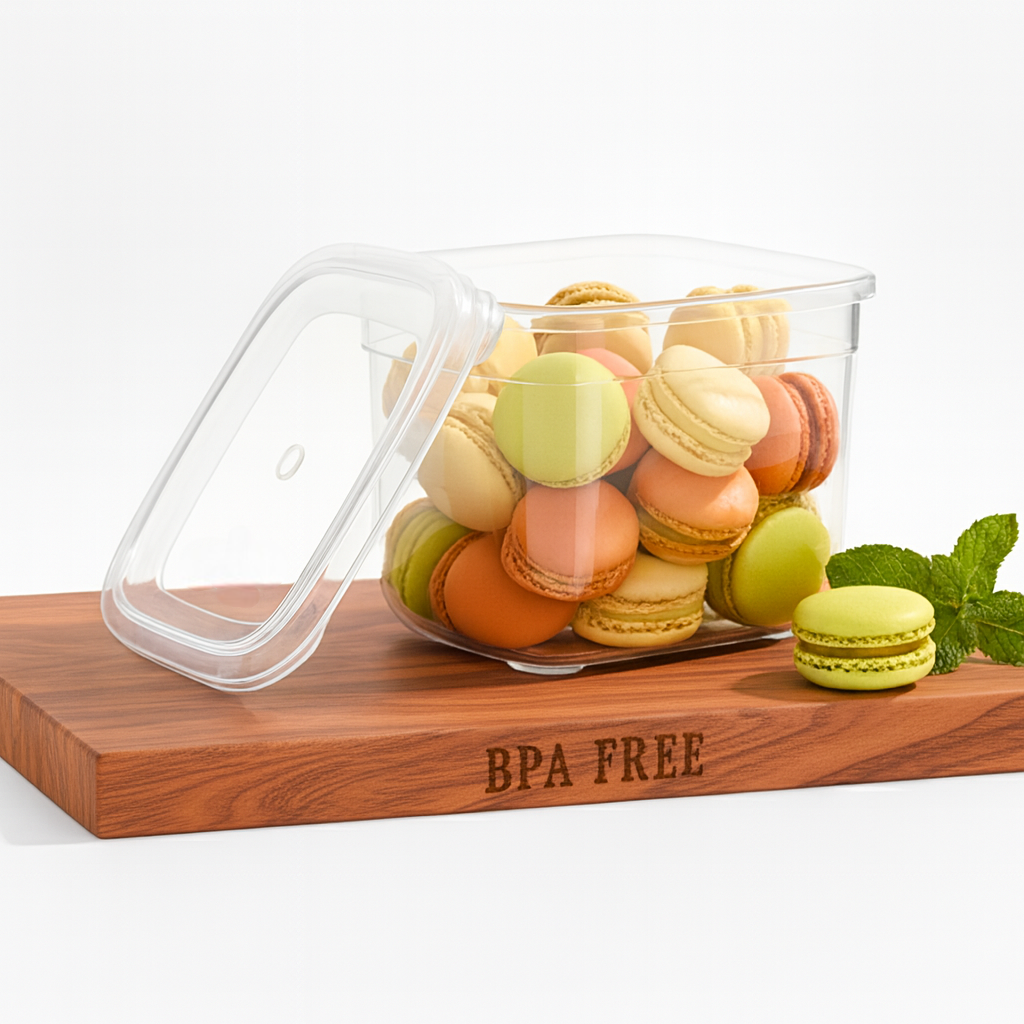 Cutia din plastic Koken 0.6 L, BPA FREE, transparenta, cu macarons pe o plansa de lemn rosu.