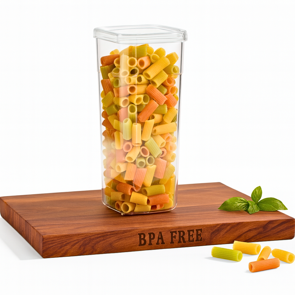 Cutie pentru alimente Koken cu voulm de 1.75L pe o tava din lemn.