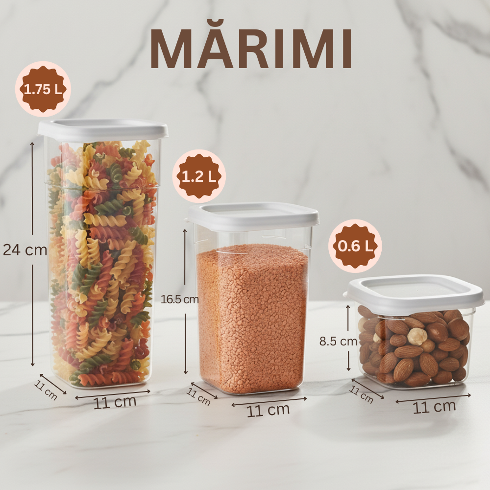 Marimile recipientelor din plastic etanse koken transparente. Toate 3 tipuri de recipiente se afla pe masa, sunt de volum 1.75L, 1.2L si 0.6L .