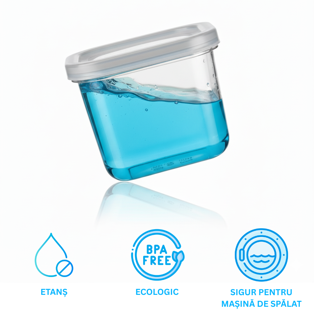 Recipient din plastic Koken umplut pe jumatate cu apa, inclinat, se arata ca e etans. Jos iconite cu etans, ecologic fara BPA si sigur pentru masina de spalat vase.