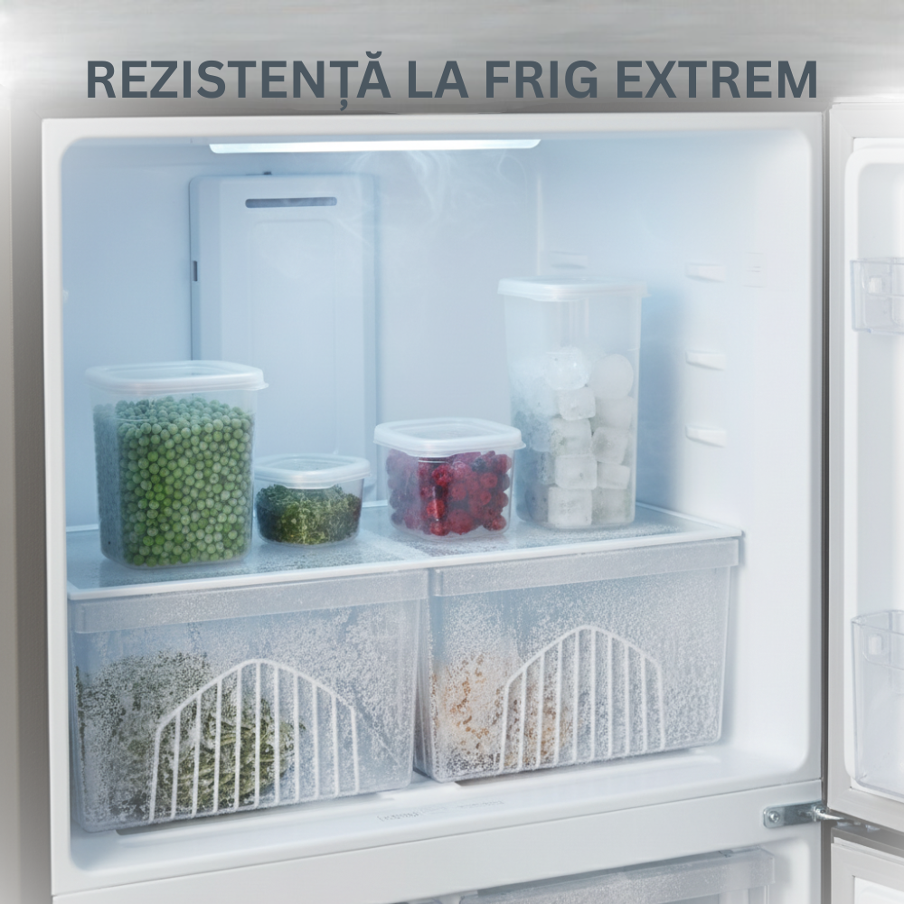 Recipientele din plastic Koken in congelator, cu alimente inghetate. Recipientele sunt rezistente la frig extrem.