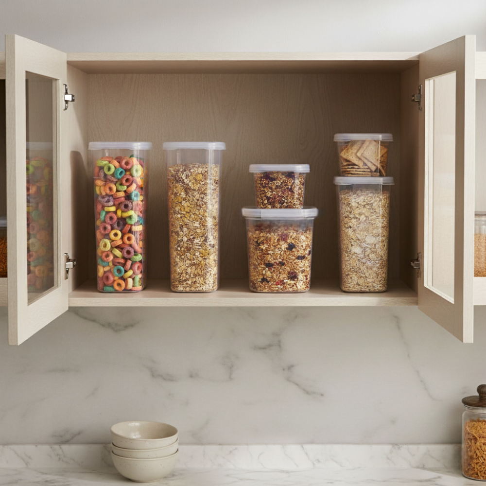 Cutii depozitare alimente Koken organizeaza perfect bucataria dvs. In poza se arata cat de organizat arata cerealele in aceste cutii intr-un dulap.