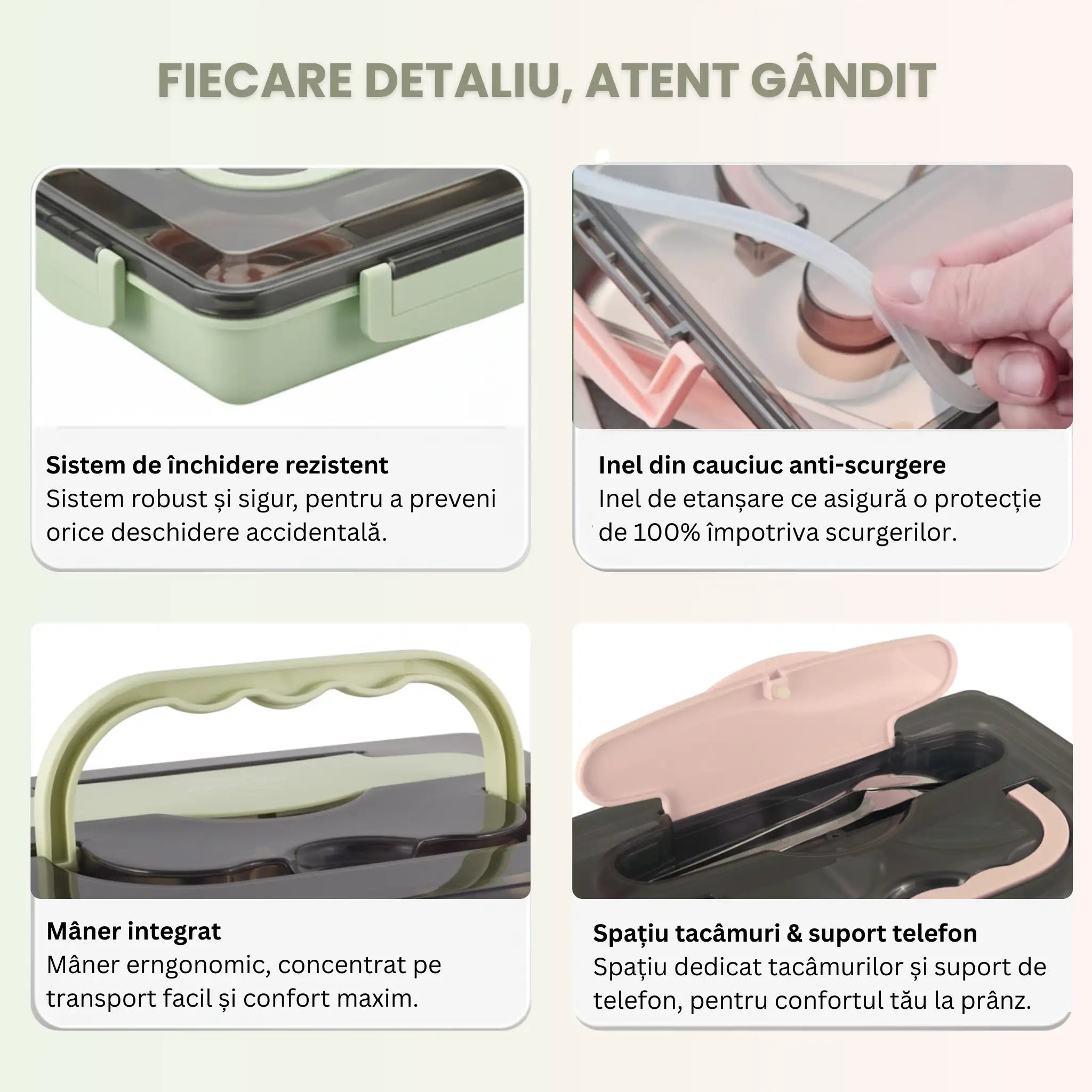 2 cutii pentru pranz, una roz alta verde, reprezentarea detaliilor importante cum ar fi sistem de inchidere rezistent, inel din cauciuc anti-scurgere, maner integrat si spatiu pentru tacamuri si suport pentru telefon.