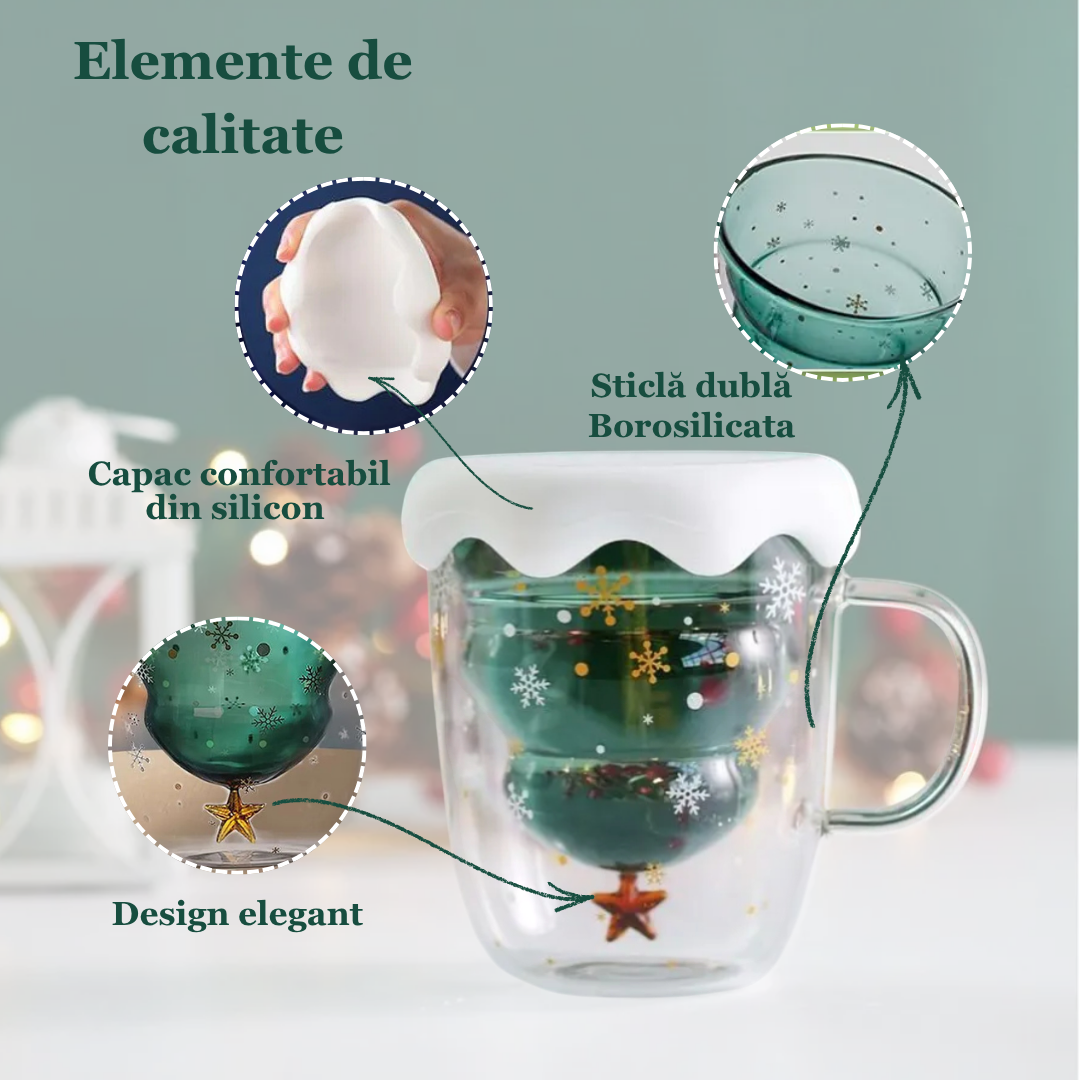 Cana cu tematica de Craciun, pentru ceai si cafea din sticla termorezistenta cu pereti dubli Koken, 320 ml, Sticla borosilicata, ceasca eleganta si transparenta
