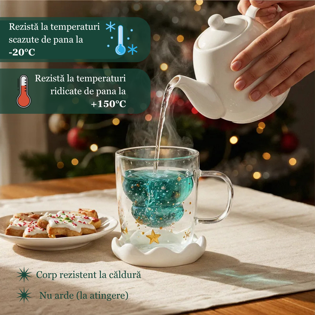 Cana cu tematica de Craciun, pentru ceai si cafea din sticla termorezistenta cu pereti dubli Koken, 320 ml, Sticla borosilicata, ceasca eleganta si transparenta