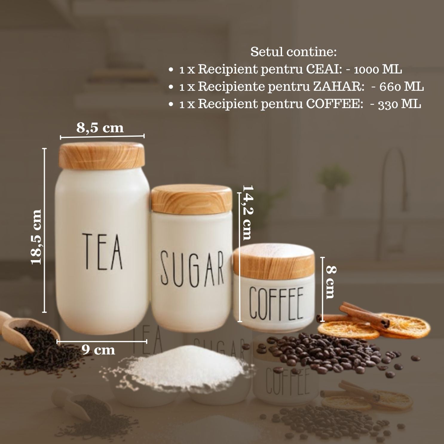 Set 3 Recipiente sticla cu capac de plastic fara BPA, Koken, Borcane inscriptionate cu SUGAR, TEA COFFEE, Alb