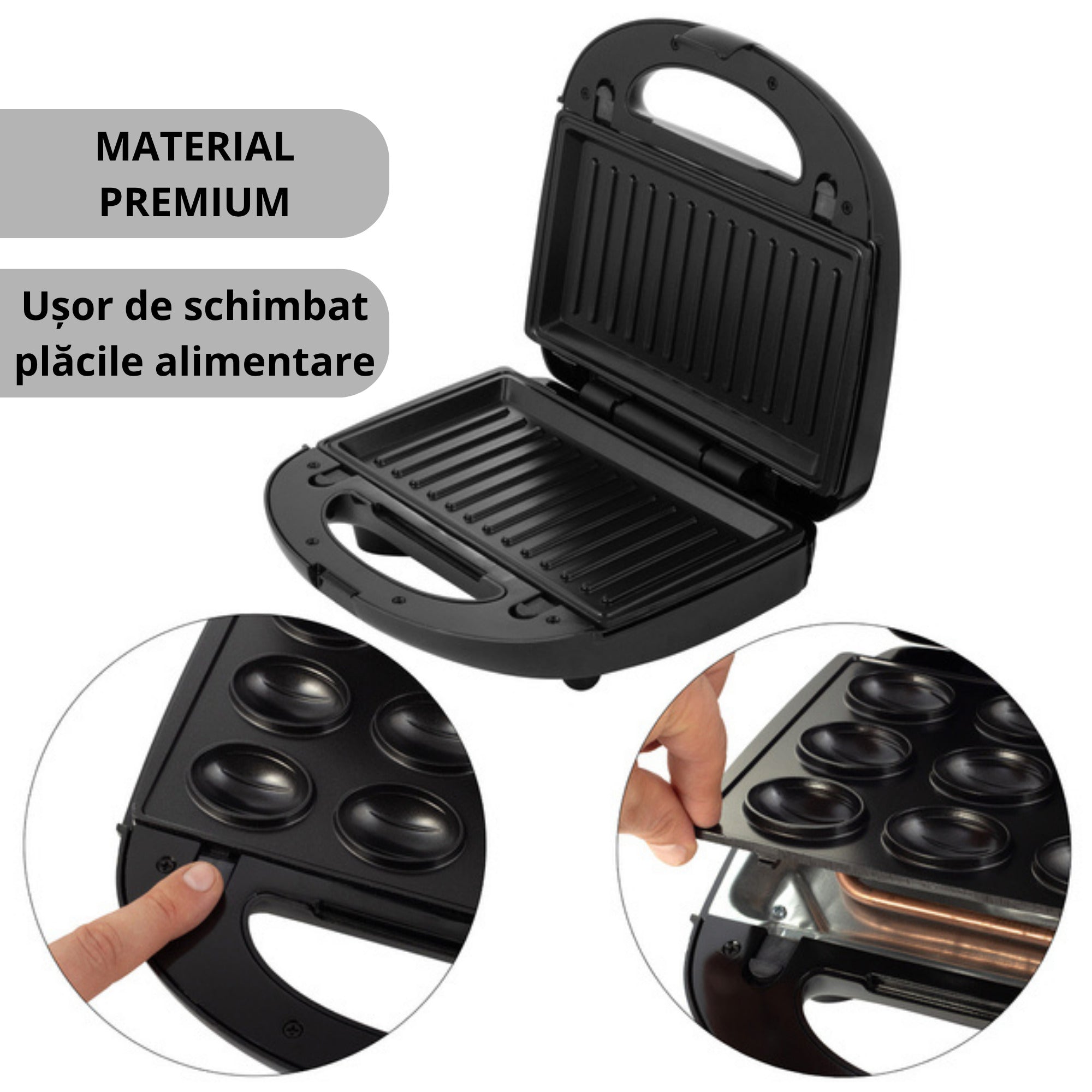 Grill electric multifunctional Koken deschis cu placi antiaderente interschimbabile; doua cadre close-up arata butonul de eliberare si scoaterea placii. Text pe imagine: 'MATERIAL PREMIUM' si 'Usor de schimbat placile alimentare