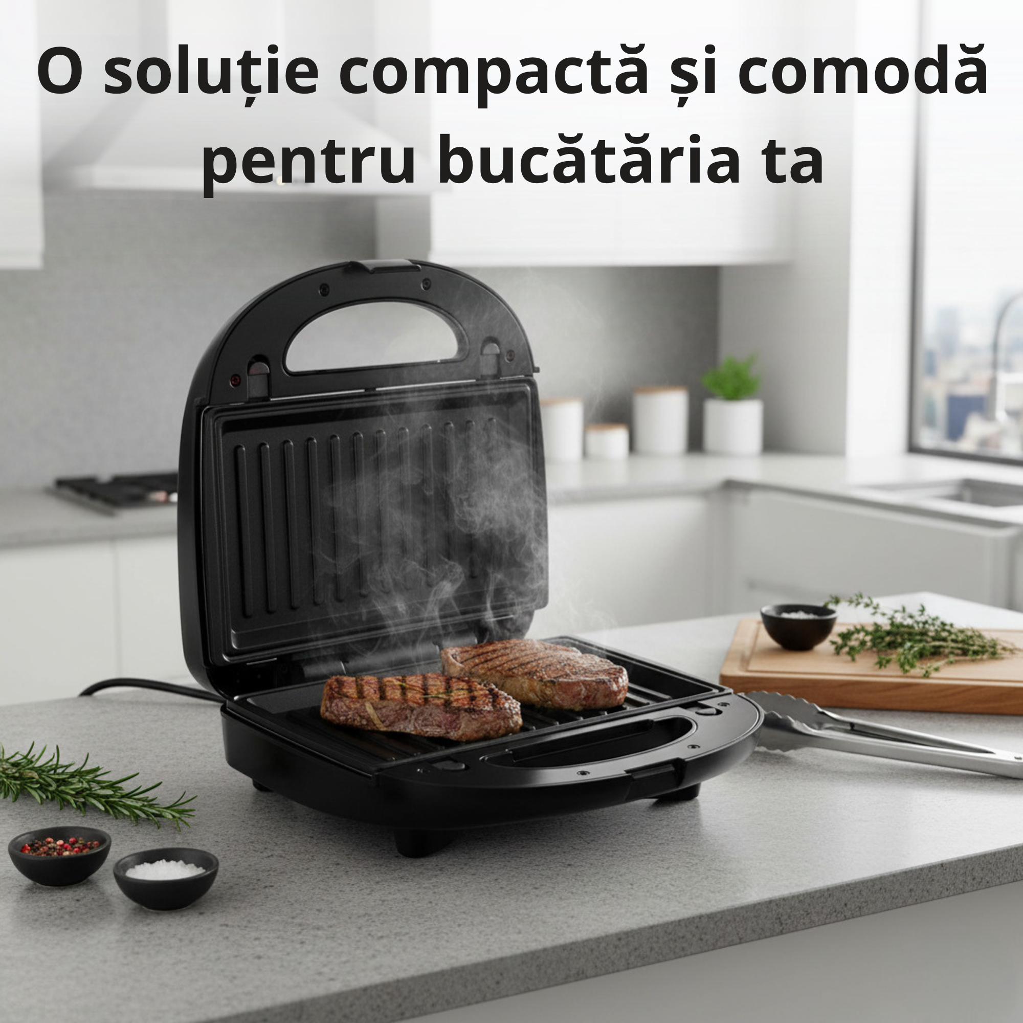 Gratar electric Koken compact deschis pe blat de bucatarie, doua fripturi cu abur pe placi antiaderente; in jur verdeturi, boluri si cleste de bucatarie. Text pe imagine: 'O solutie compacta si comoda pentru bucataria ta