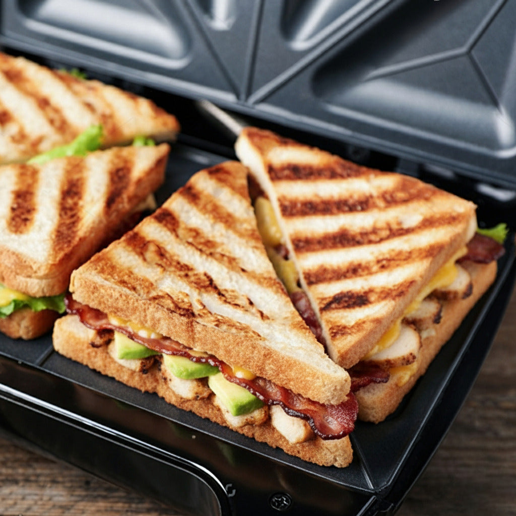 Sandwichuri prajite triunghi pe grill electric Koken, cu urme de gratar; umplutura cu avocado, bacon si branza topita, vedere close-up