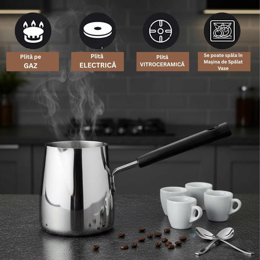 Ibric din Otel Inoxidabil pentru Cafea turceasca Koken, 1000ml, cu Maner, Usor de curatat, Oală Turcească pentru Cafea si Spumare Lapte, Dispozitiv Versatil de Topire