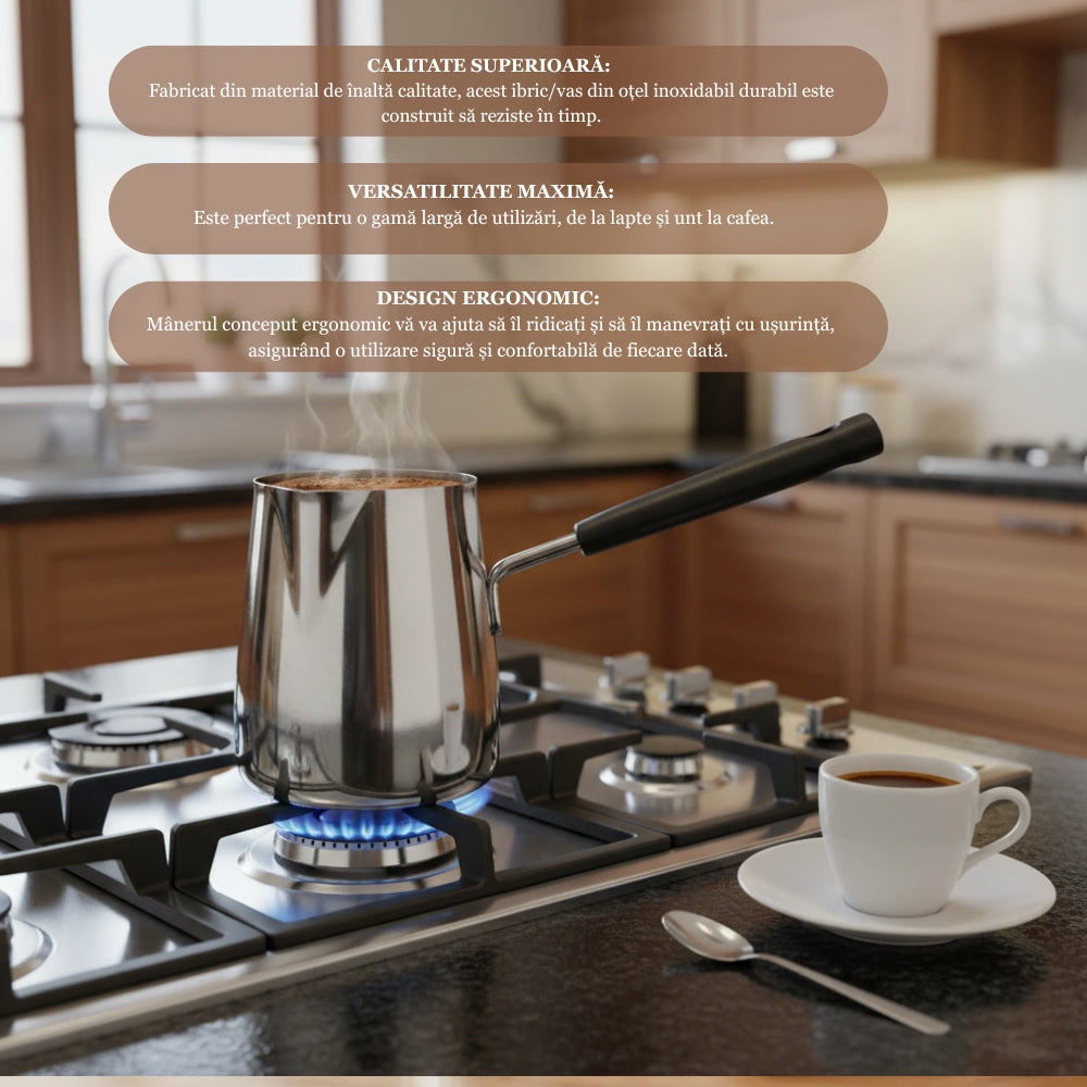 Ibric din Otel Inoxidabil pentru Cafea turceasca Koken, 1000ml, cu Maner, Usor de curatat, Oală Turcească pentru Cafea si Spumare Lapte, Dispozitiv Versatil de Topire